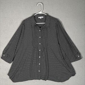 Rose And Olive Womens Plus Size 2X Button Down Blouse 3/4 Sleeve Polka Dot Black